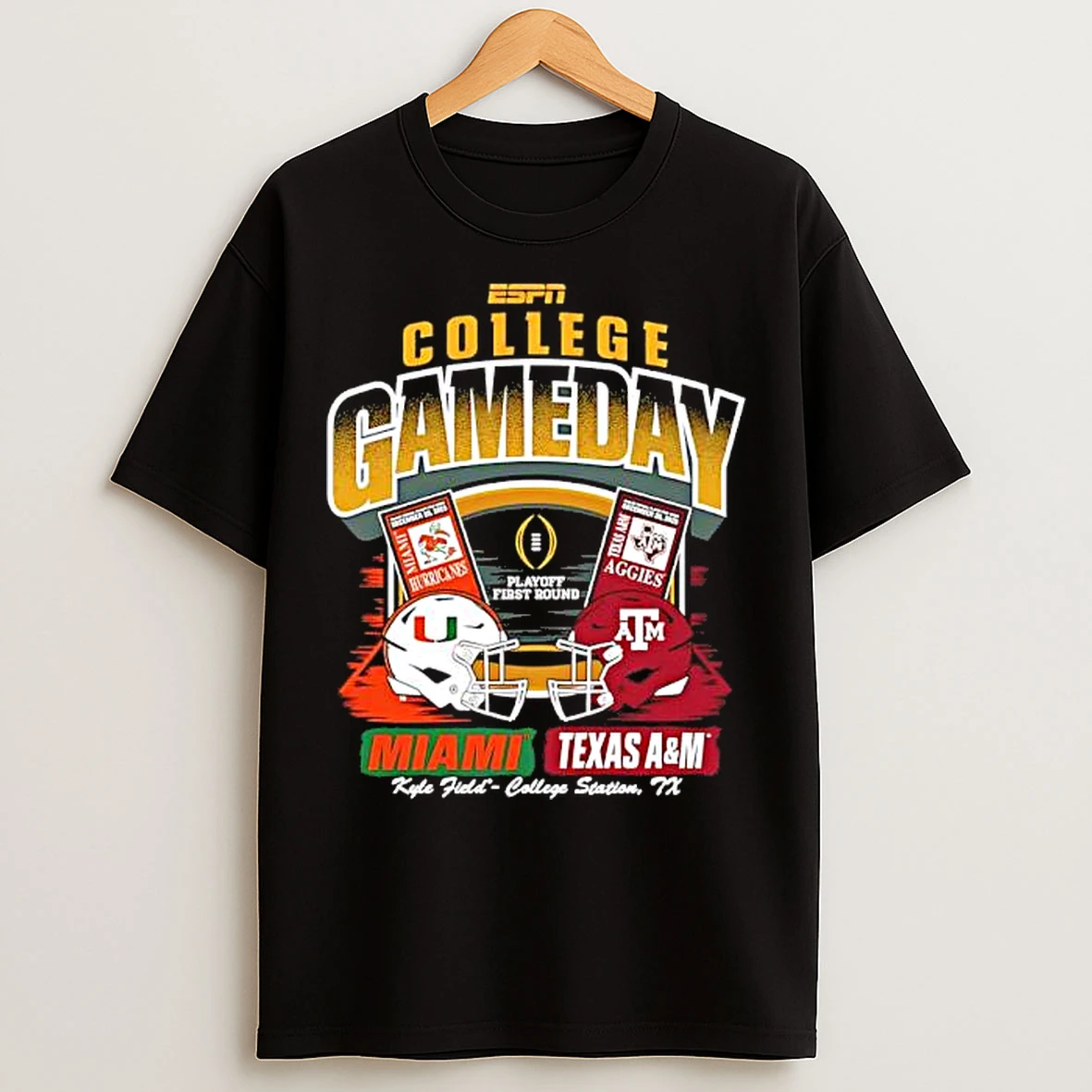 Classic Miami Vs Texas Am 2025 26 Cfp Espn Game Day Helmet Matchup T Shirts