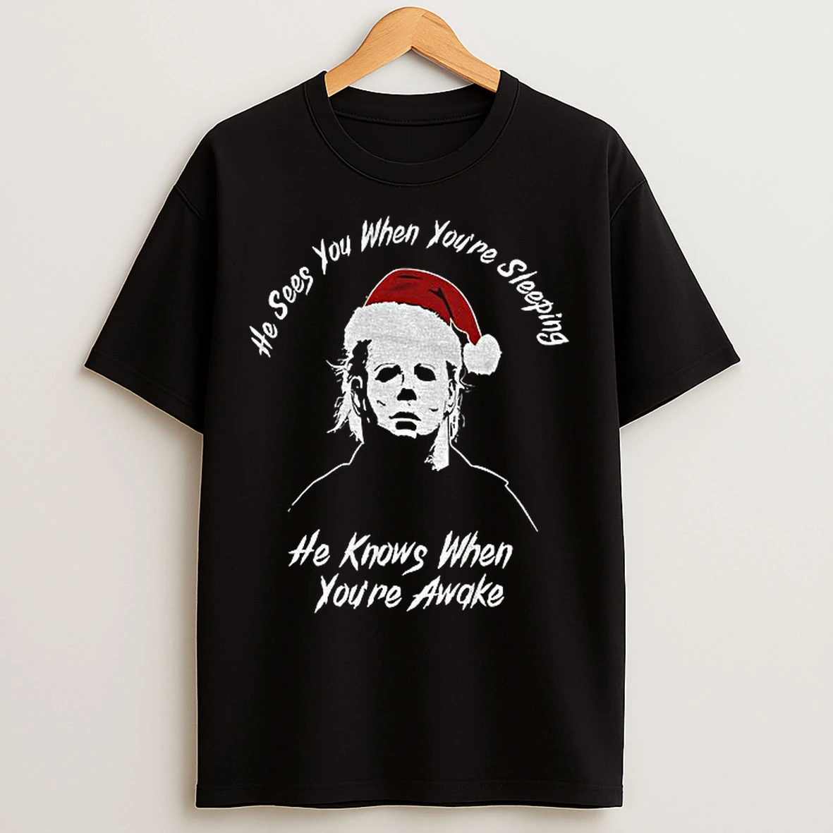 Classic Michael Myers Christmas Horror Hee Sees You When Youre Sleeping T Shirts