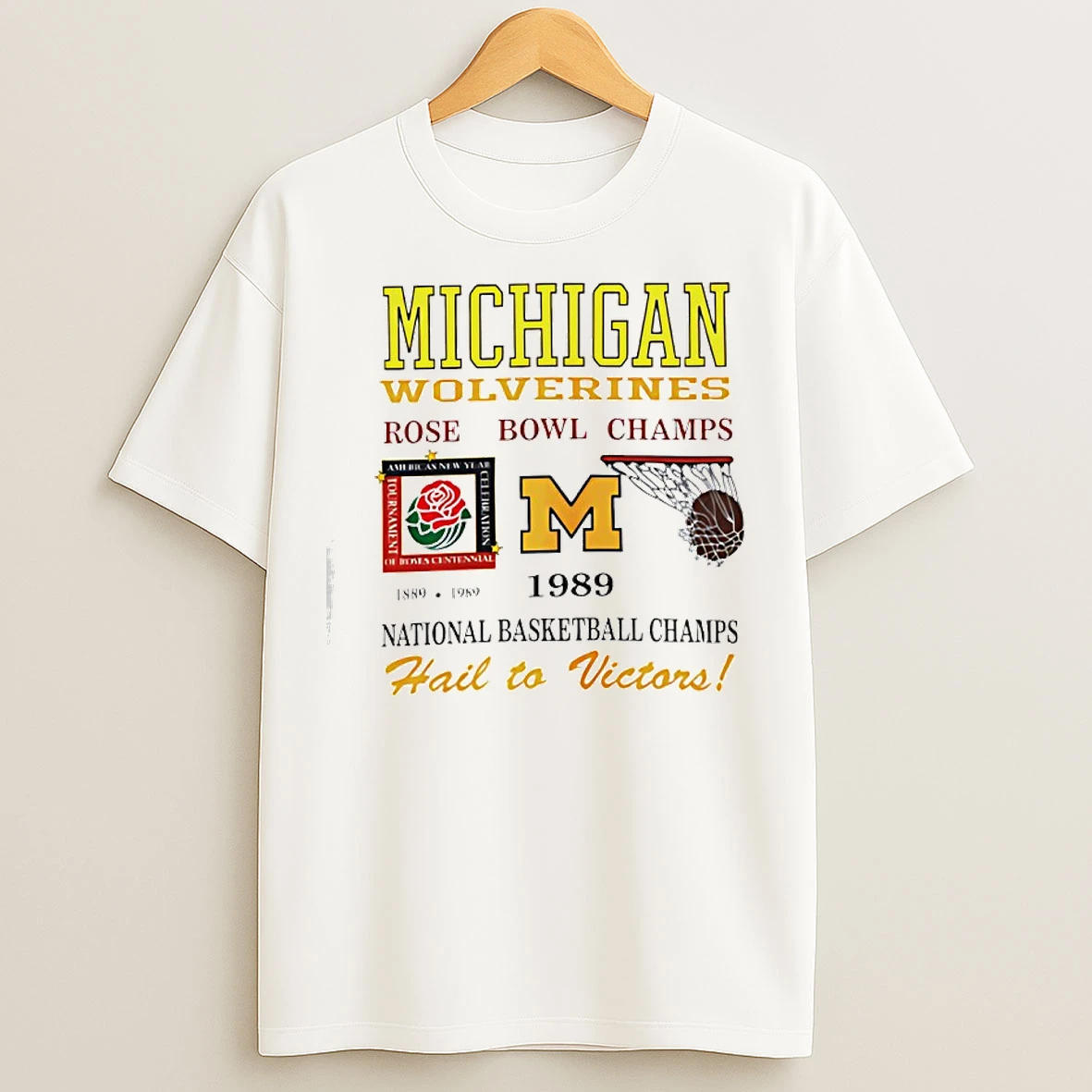 Classic Michigan Wolverines National Basketball Rose Bowl Champs Vintage 1989 T Shirts