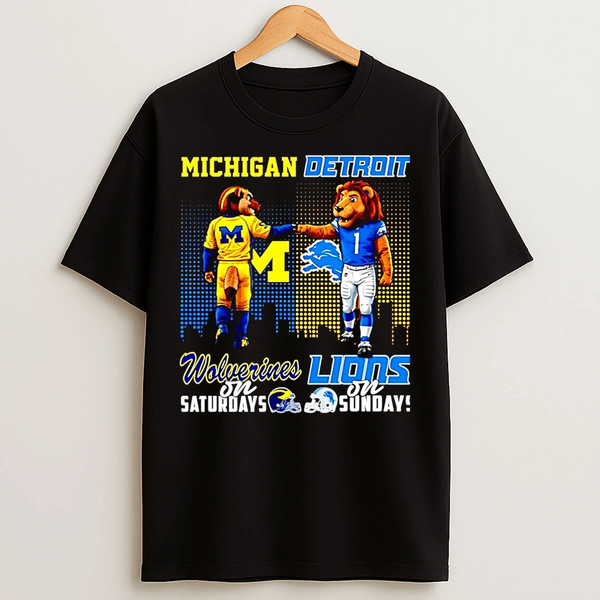 Classic Michigan Wolverines On Saturdays Vs Detroit Lions On Sundays Mascot Skyline Christmas T Shirts