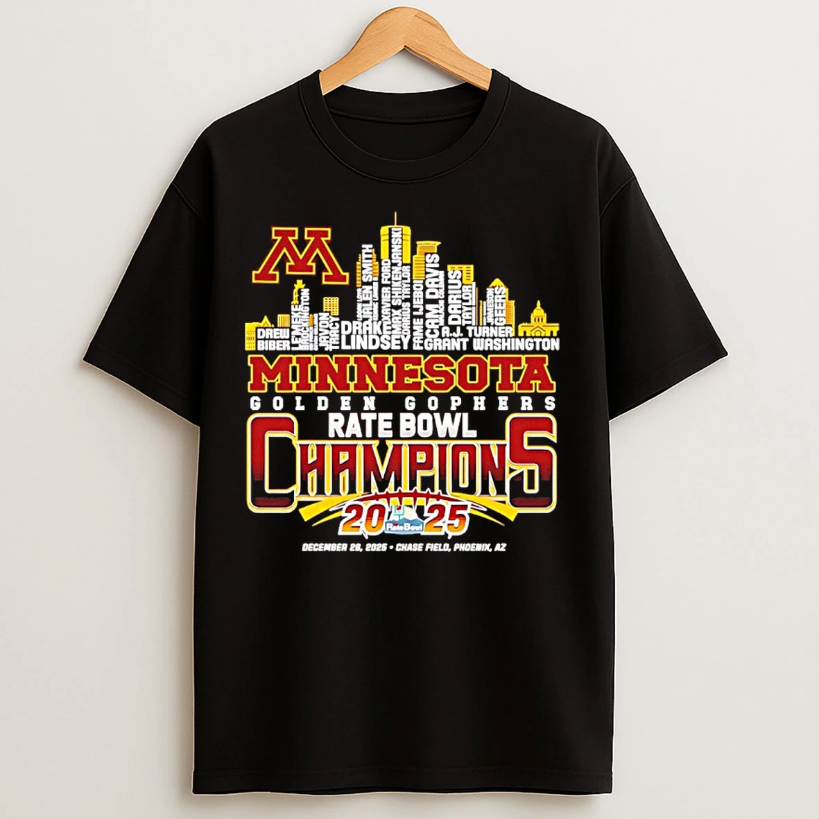 Classic Minnesota Golden Gophers 2025 Rate Bowl Champions City Skyline T Shirts