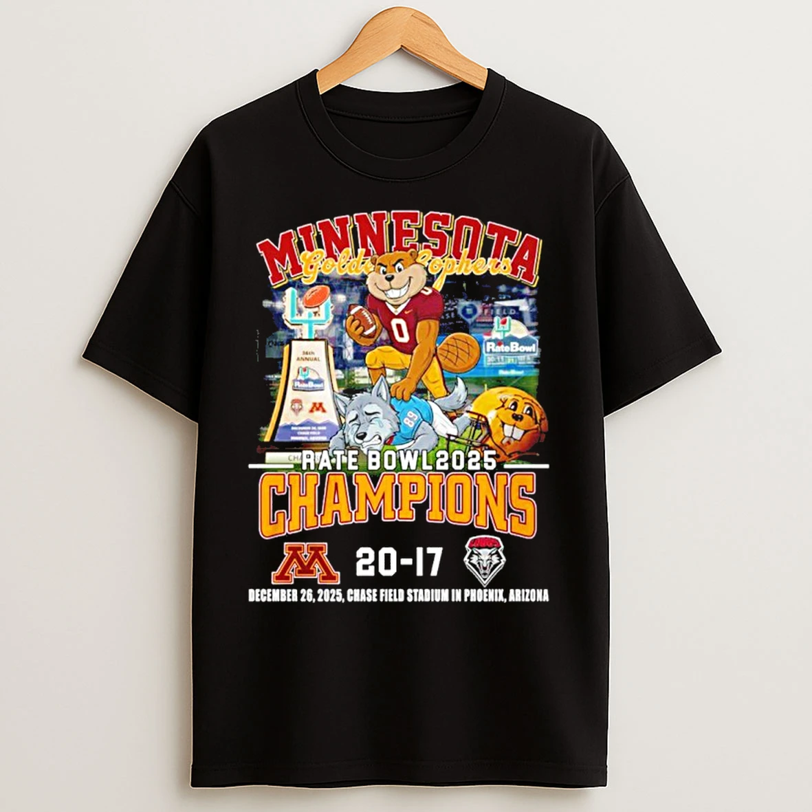 Classic Minnesota Golden Gophers 2025 Rate Bowl Champions Score Mascot T Shirts