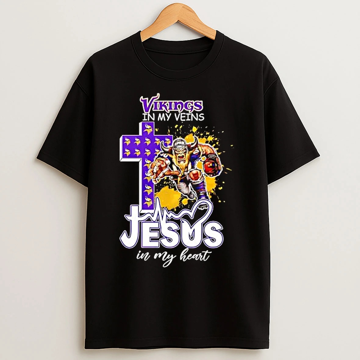 Classic Minnesota Vikings In My Veins Jesus In My Heart Features A Football Player Logos Cross T Shirts