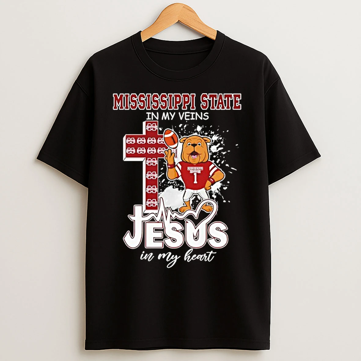 Classic Mississippi State In My Veins Jesus In My Heart Mascot Cross T Shirts