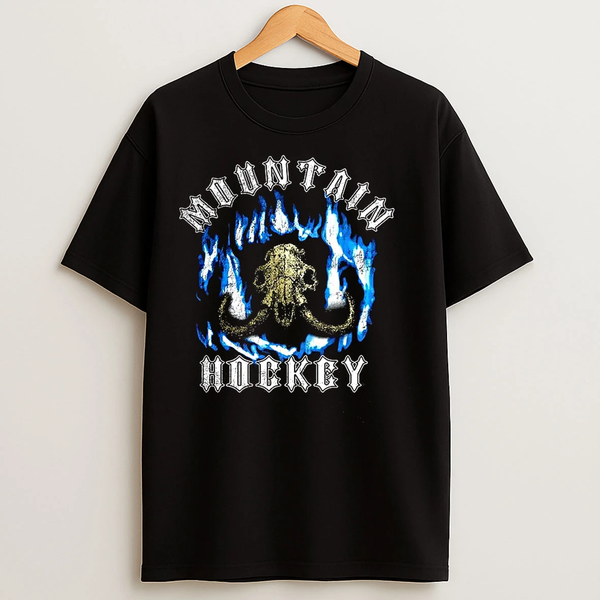 Classic Mountain Hockey Mammoth Skull With Horns In Blue Flames T Shirts