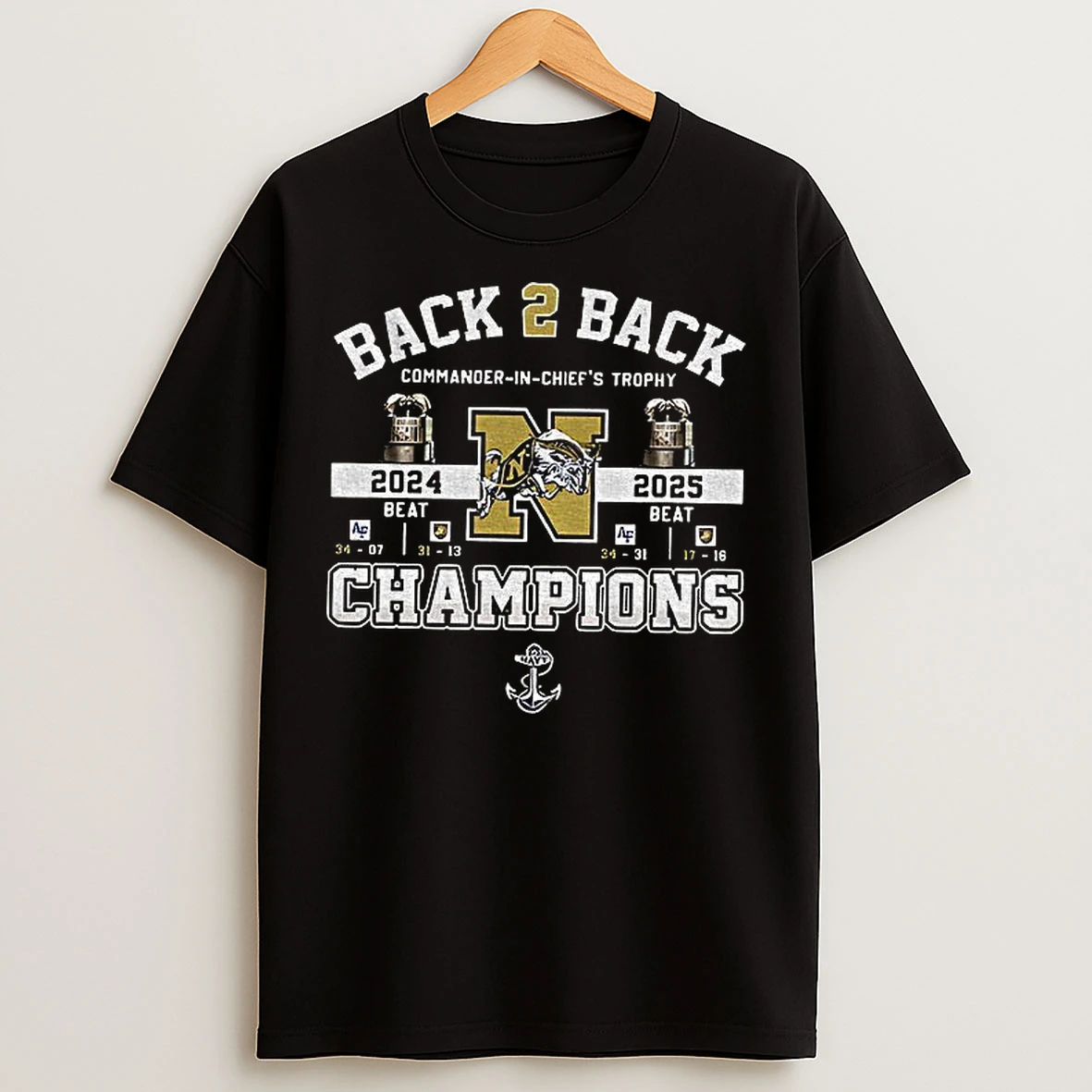 Classic Navy Midshipmen Back 2 Back Commander In Chiefs Trophy 2024 2025 Champions T Shirts