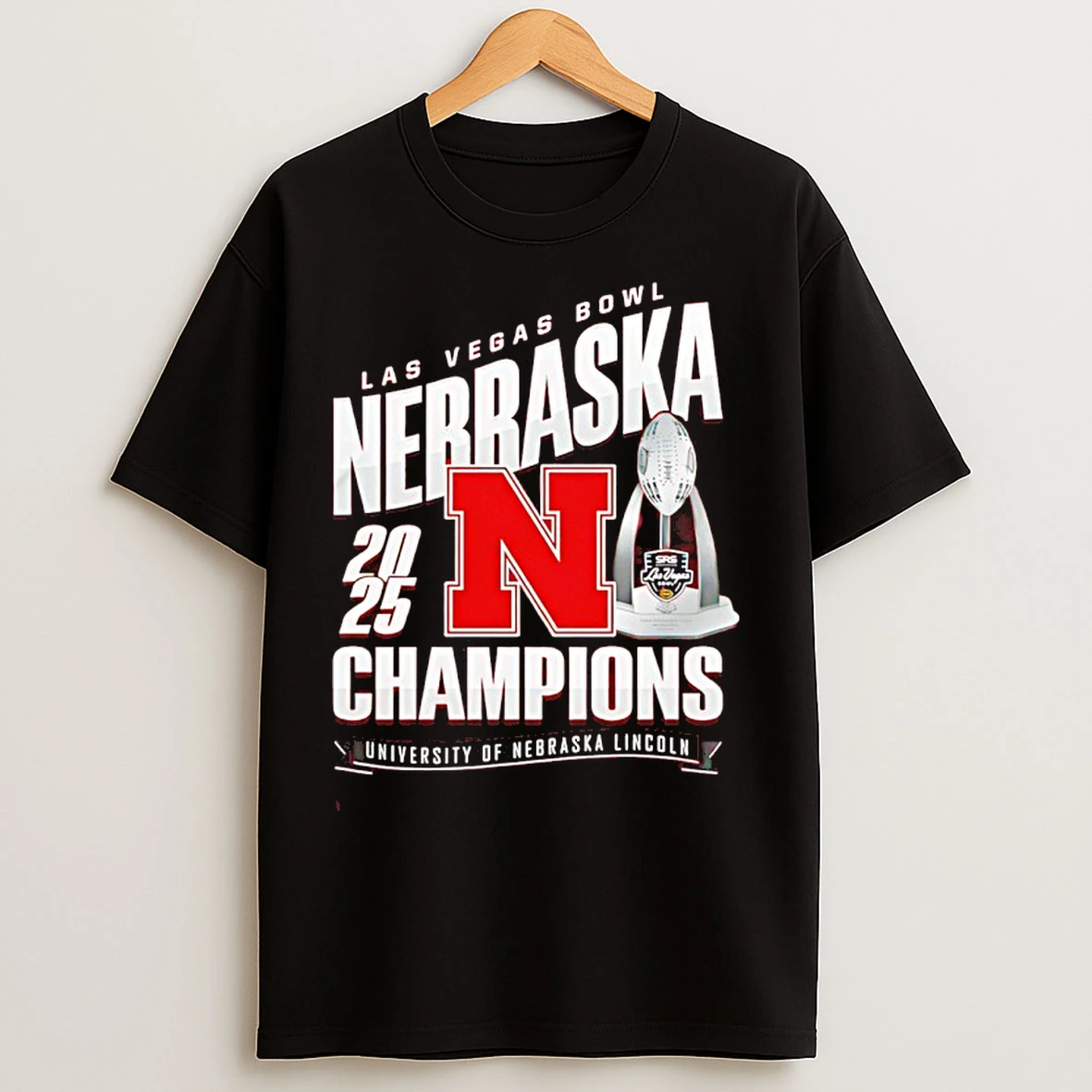 Classic Nebraska Cornhuskers 2025 Las Vegas Bowl Champions Trophy T Shirts