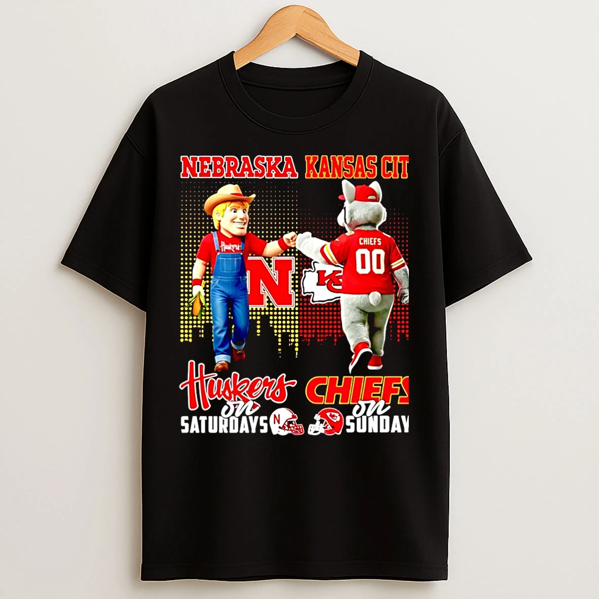 Classic Nebraska Cornhuskers On Saturdays Vs Kansas City Chiefs On Sundays Mascot Skyline Christmas T Shirts