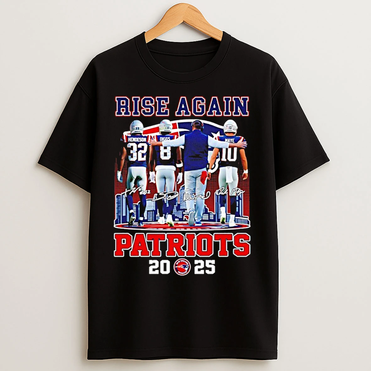 Classic New England Patriots 2025 Rise Again City Skyline Signature T Shirts