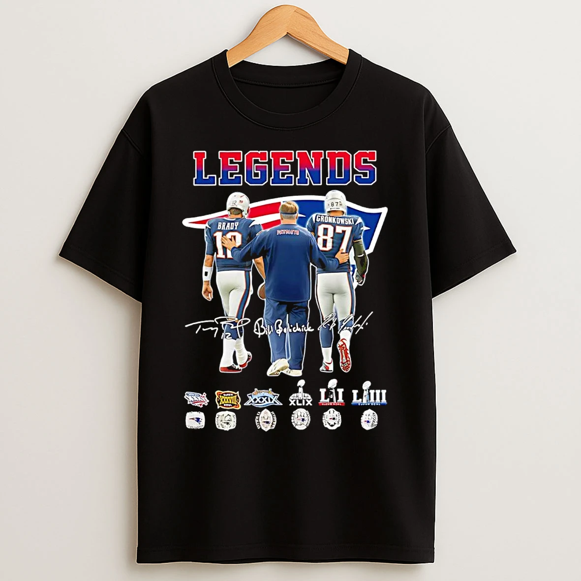 Classic New England Patriots Legends Brady Gronkowski Bill Belichick Signatures T Shirts