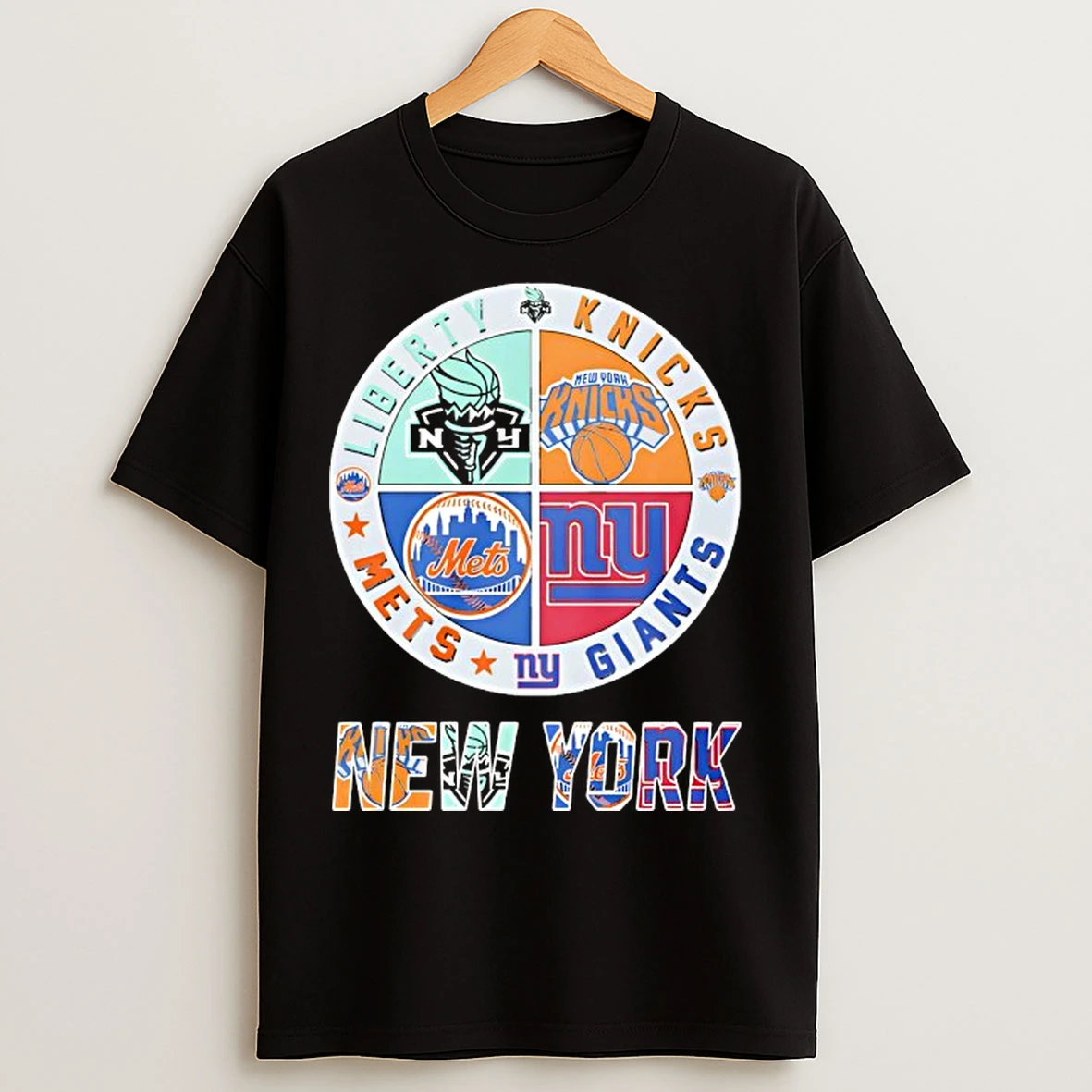 Classic New York Giants New York Mets New York Knicks New York Libert Mashup Logo T Shirts