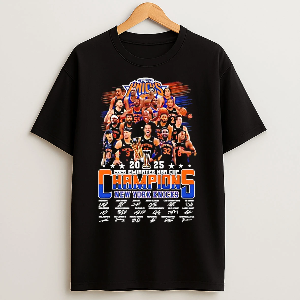 Classic New York Knicks 2025 Emirates Nba Cup Champions Player Collage Signatures T Shirts
