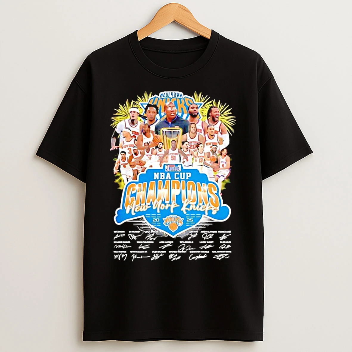 Classic New York Knicks 2025 Nba Cup Champions Celebration Signatures T Shirts