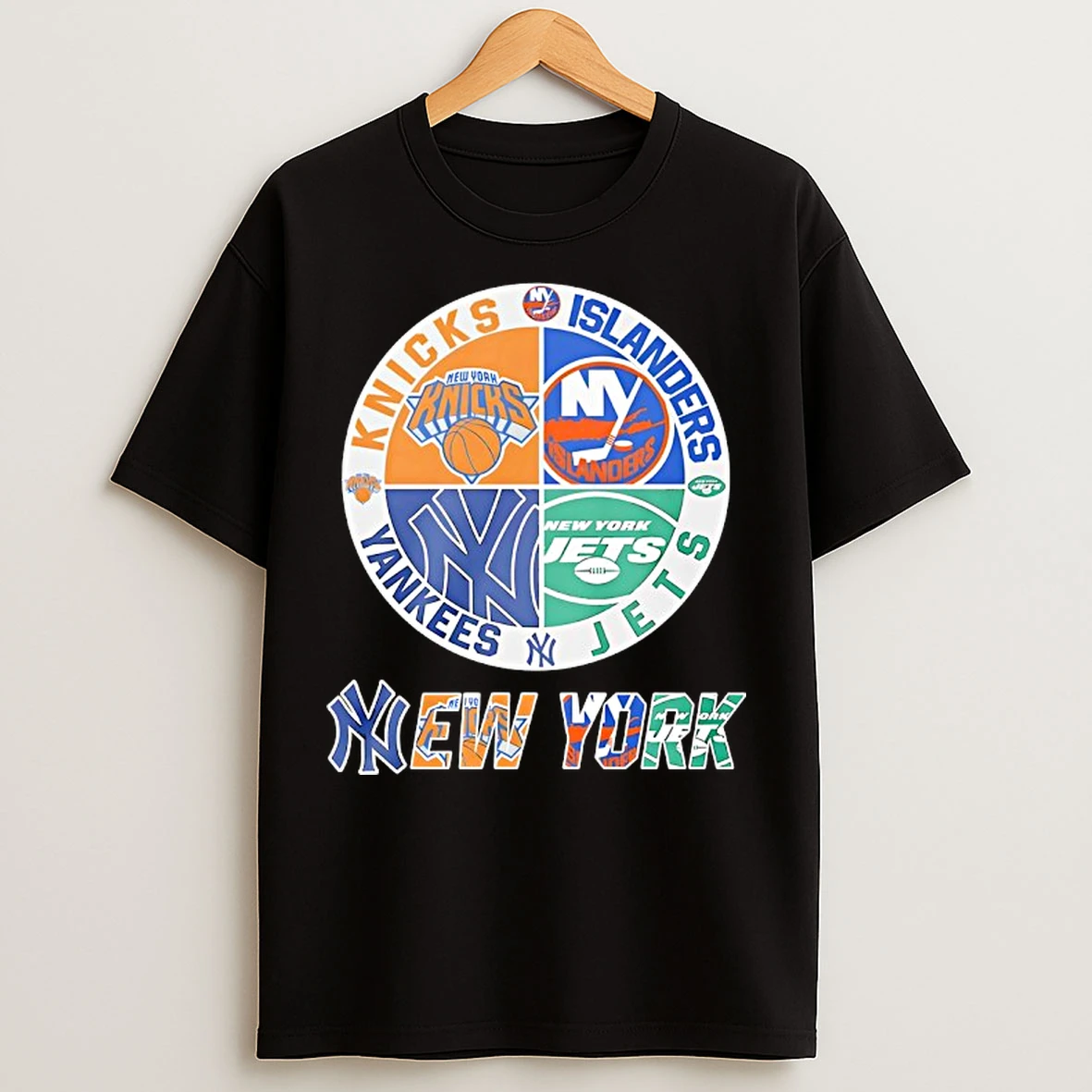 Classic New York Knicks New York Islanders New York Yankees And New York Jets Mashup Logo T Shirts