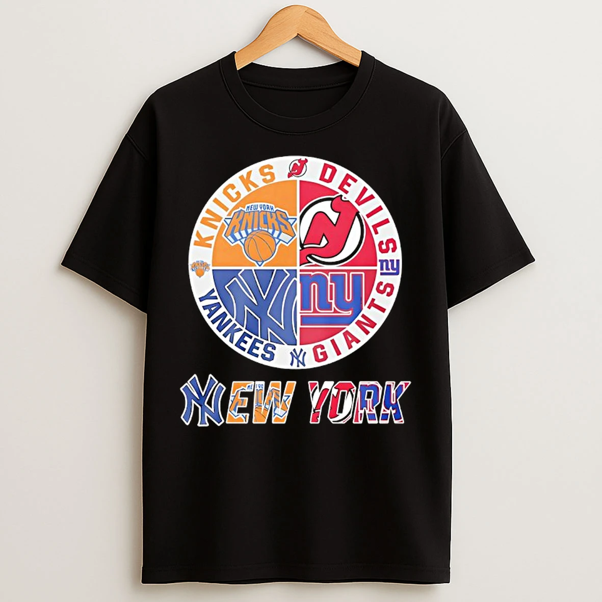 Classic New York Knicks New York Yankees New York Giants And New Jersey Devils Mashup Logo T Shirts