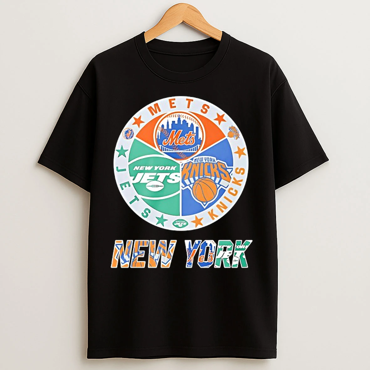 Classic New York Mets New York Jets New York Knicks Mashup Logo T Shirts