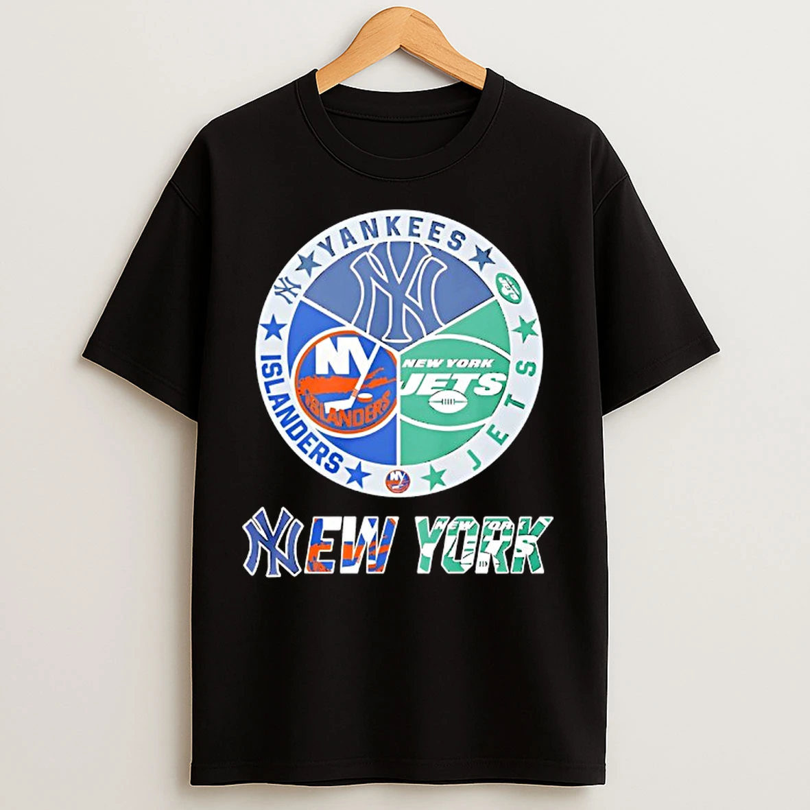 Classic New York Yankees New York Islanders New York Jets And New York Knicks Mashup Logo T Shirts