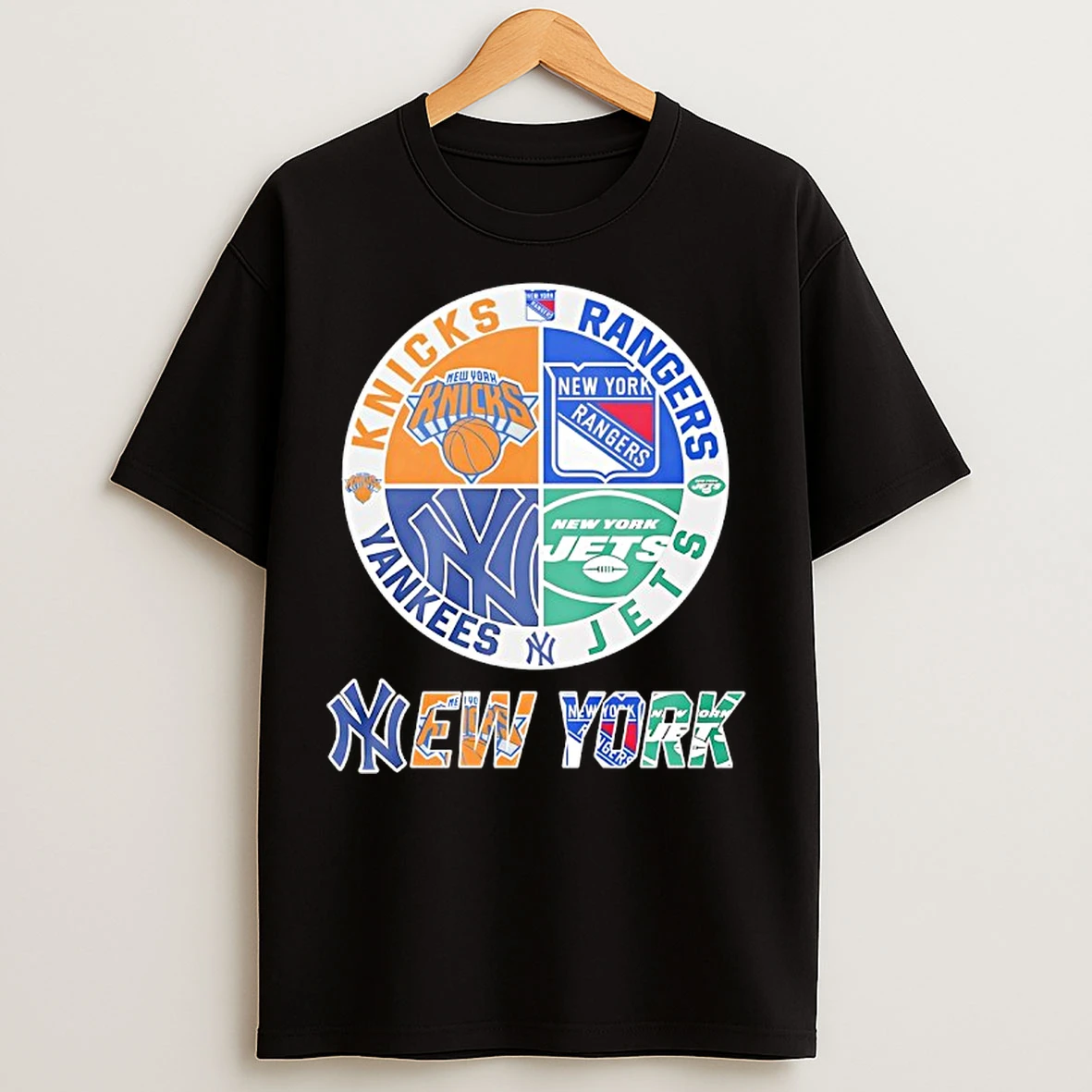 Classic New York Yankees New York Rangers New York Jets New York Knicks Mashup Logo T Shirts