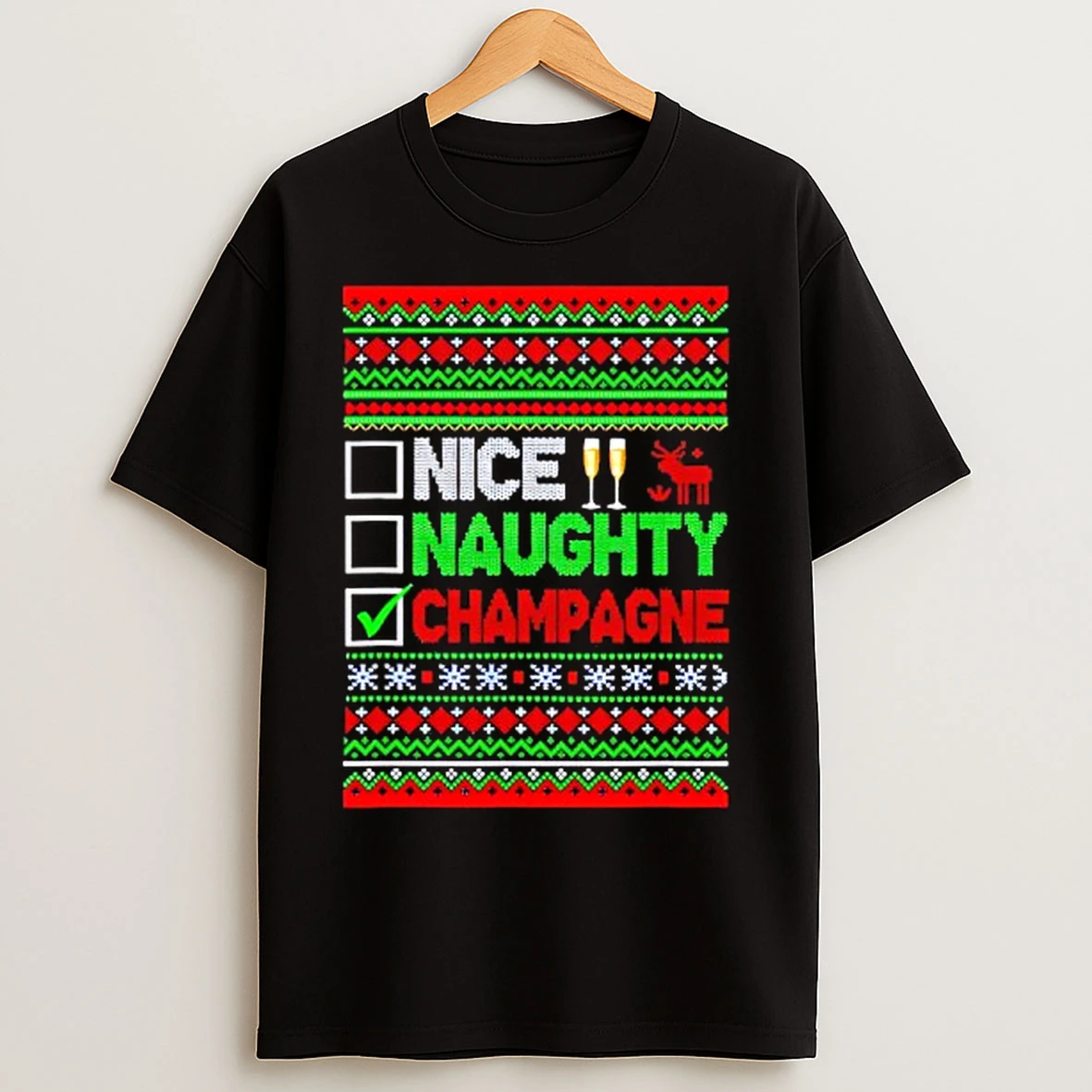 Classic Nice Naughty Champagne Funny Xmas List Drinker T Shirts