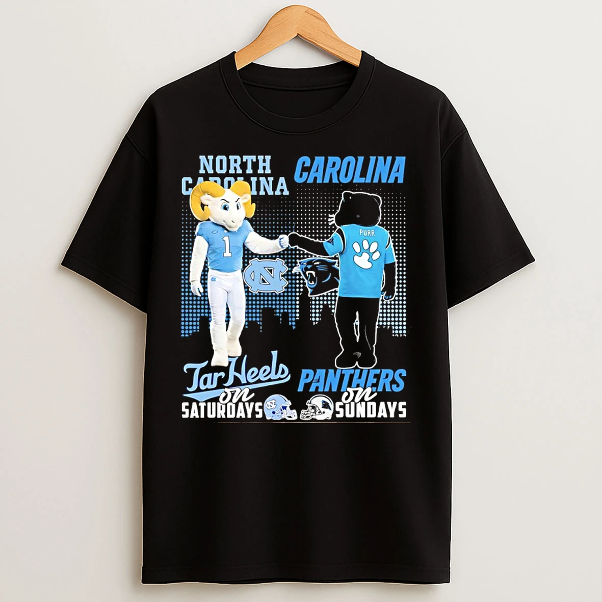 Classic North Carolina Tar Heels On Saturday And Carolina Panthers On Sundays Skyline Mascot T Shirts