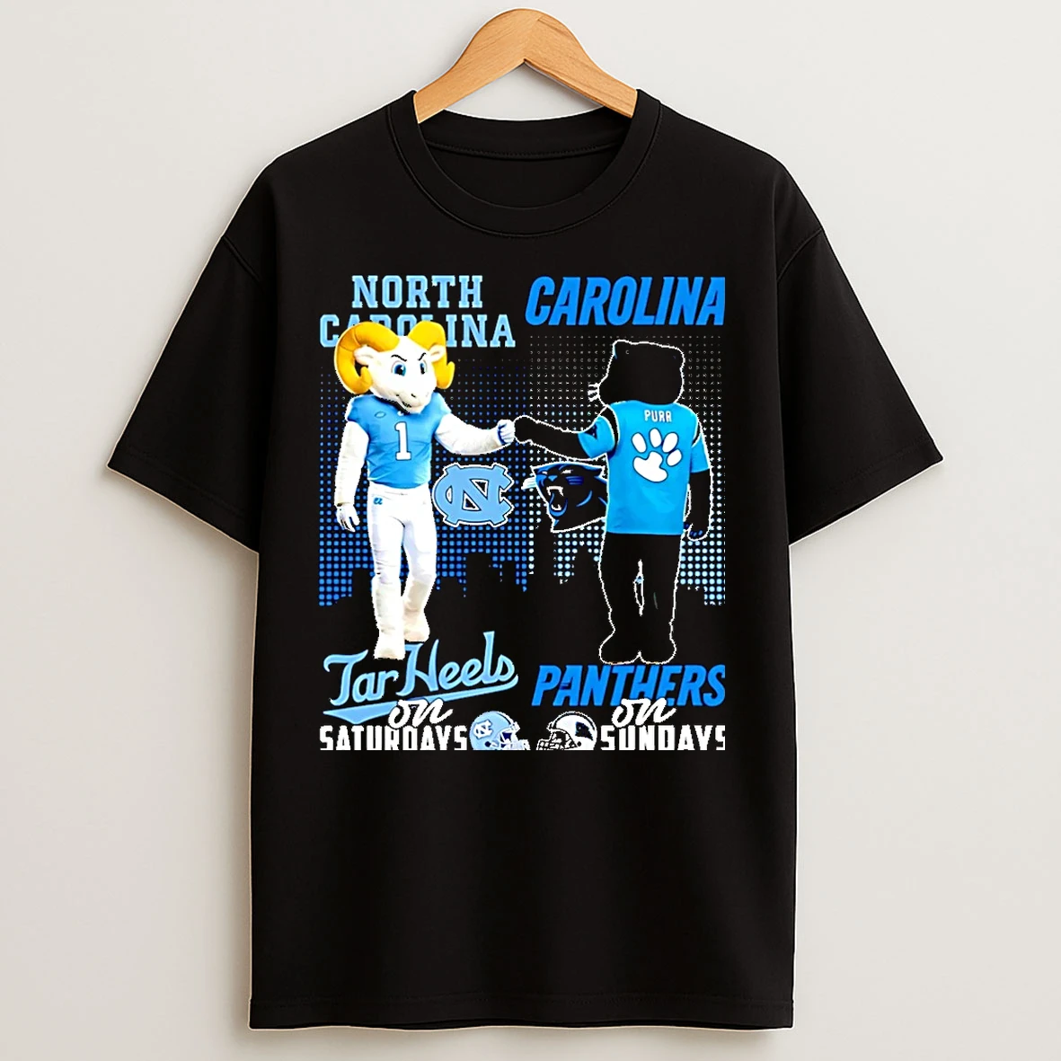 Classic North Carolina Tar Heels On Saturdays Vs Carolina Panthers On Sundays Mascot Skyline Christmas T Shirts