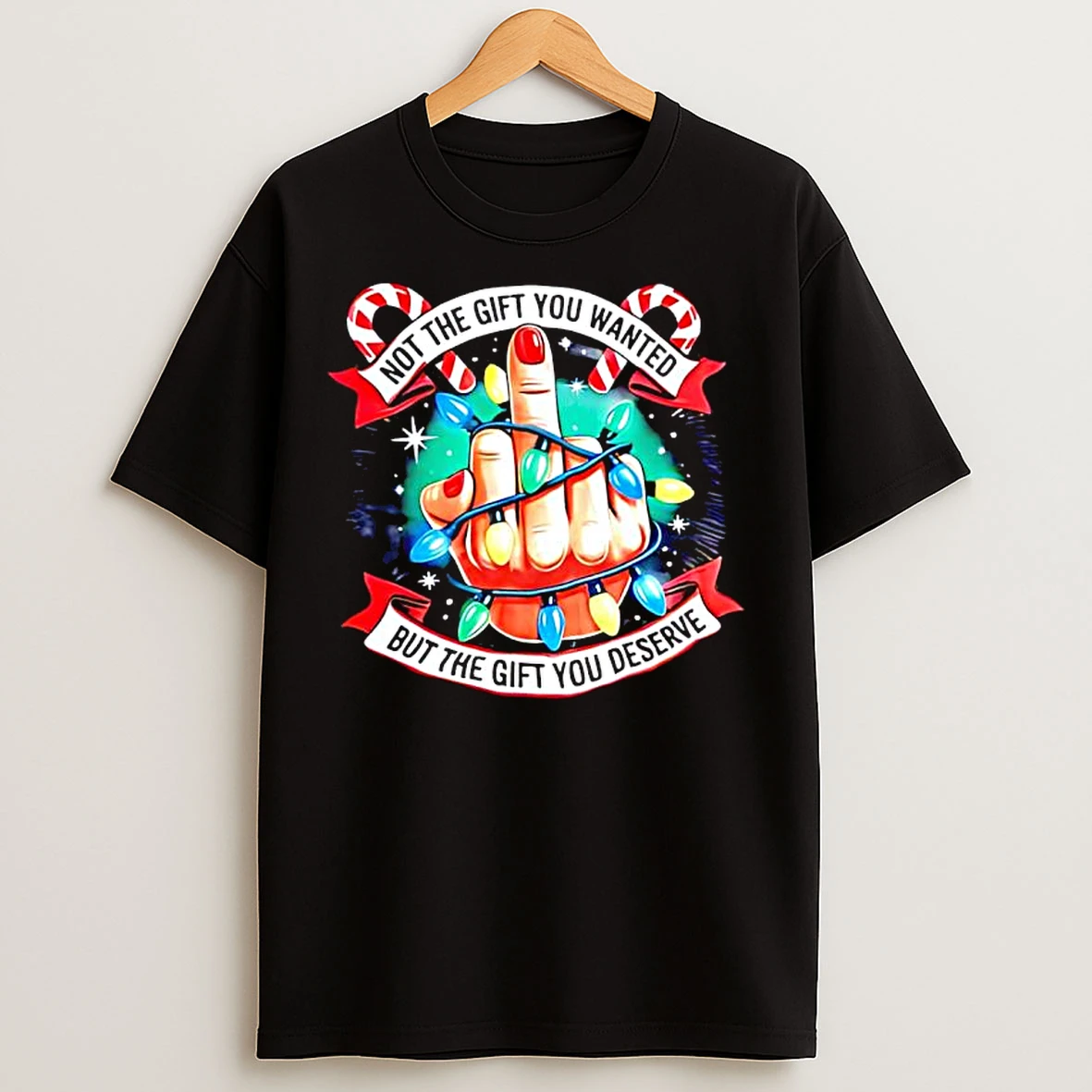 Classic Not The Gift You Wanted But The Gift You Deserve Middle Finger In Christmas Lights T Shirts