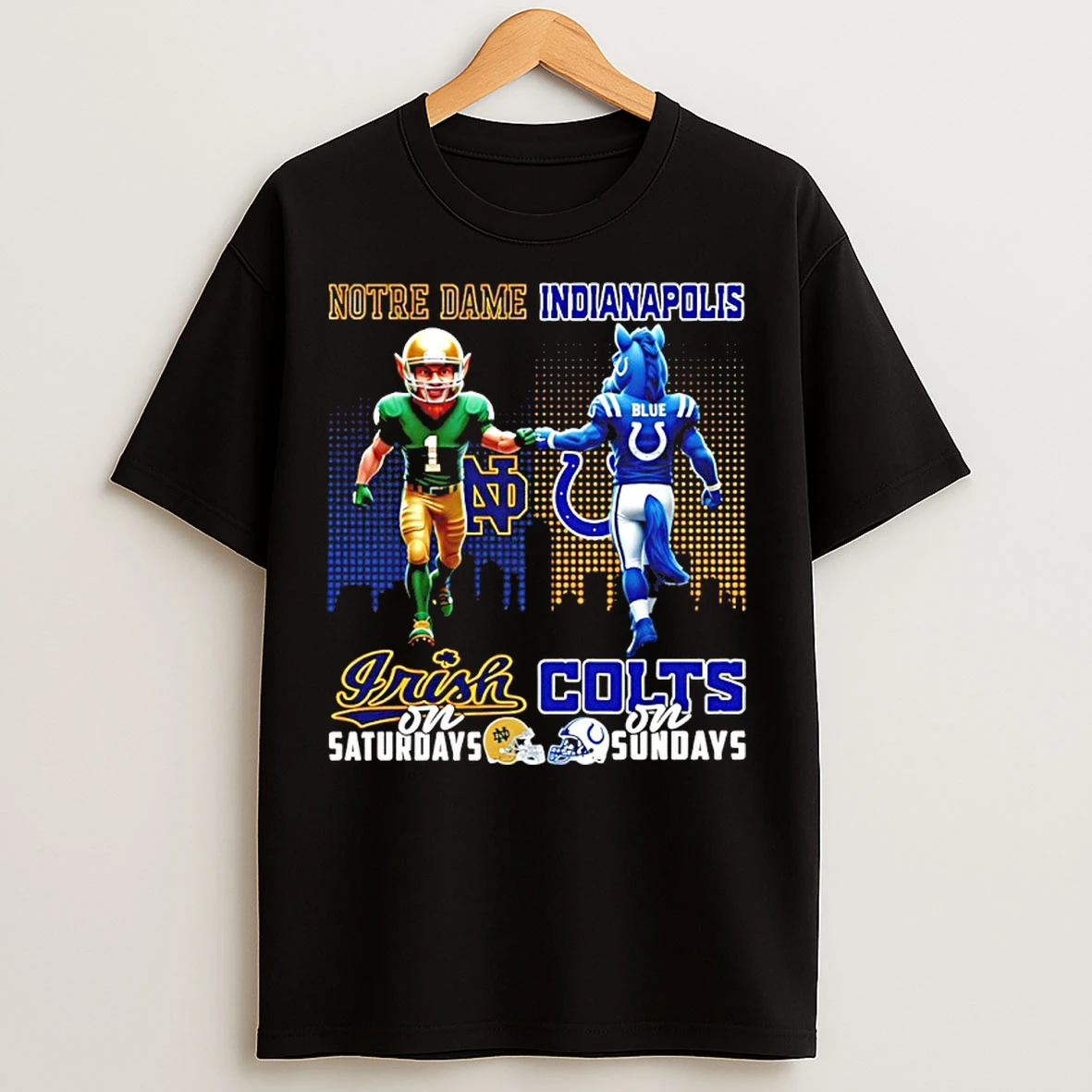 Classic Notre Dame Fighting Irish On Saturdays Vs Indianapolis Colts On Sundays Mascot City Skyline T Shirts