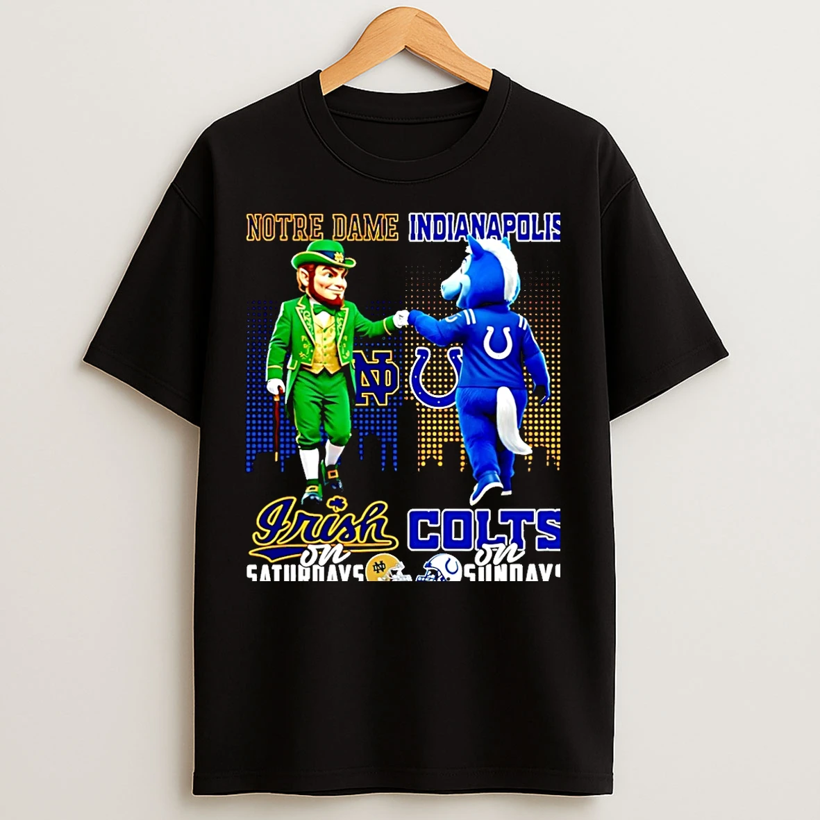 Classic Notre Dame Fighting Irish On Saturdays Vs Indianapolis Colts On Sundays Mascot Skyline Christmas T Shirts