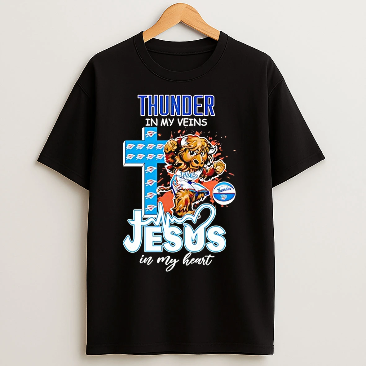 Classic Oklahoma City Thunder In My Veins Jesus In My Heart Mascot T Shirts