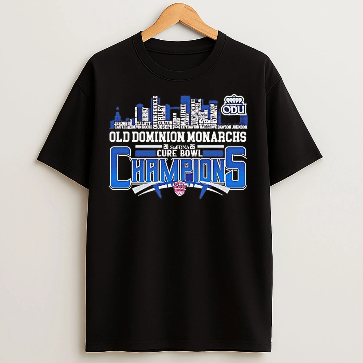 Classic Old Dominion Monarchs 2025 Cure Bowl Champions Players Names Skyline T Shirts