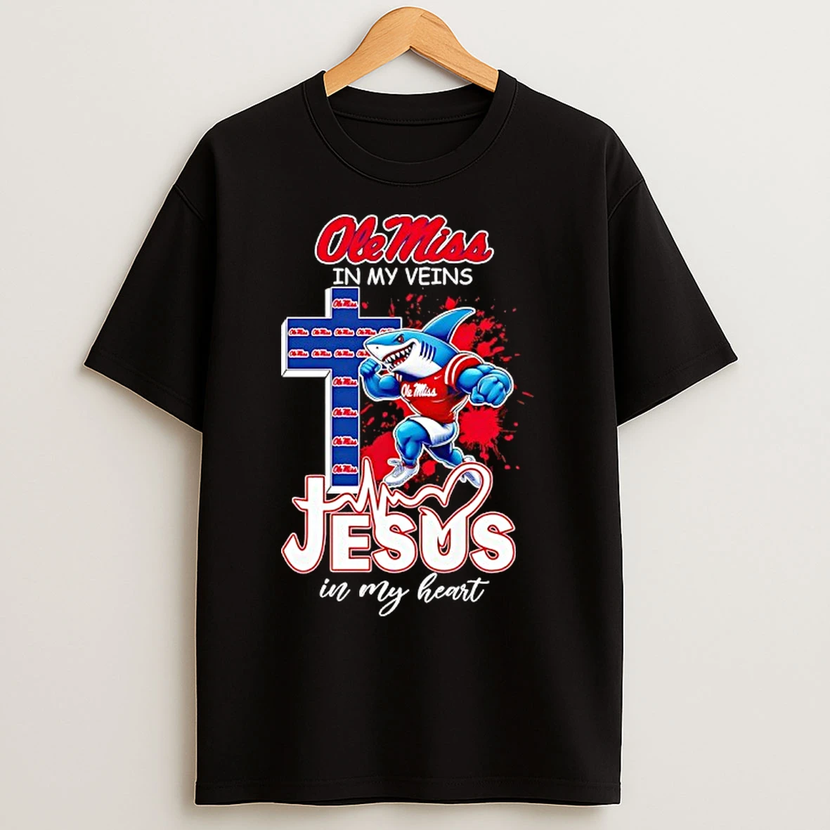 Classic Ole Miss Rebels In My Veins Ole Miss Jesus In My Heart Shark Mascot Blood T Shirts