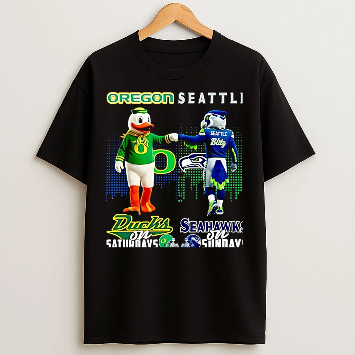 Classic Oregon Ducks On Saturdays Vs Seattle Seahawks On Sundays Mascot Skyline Christmas T Shirts