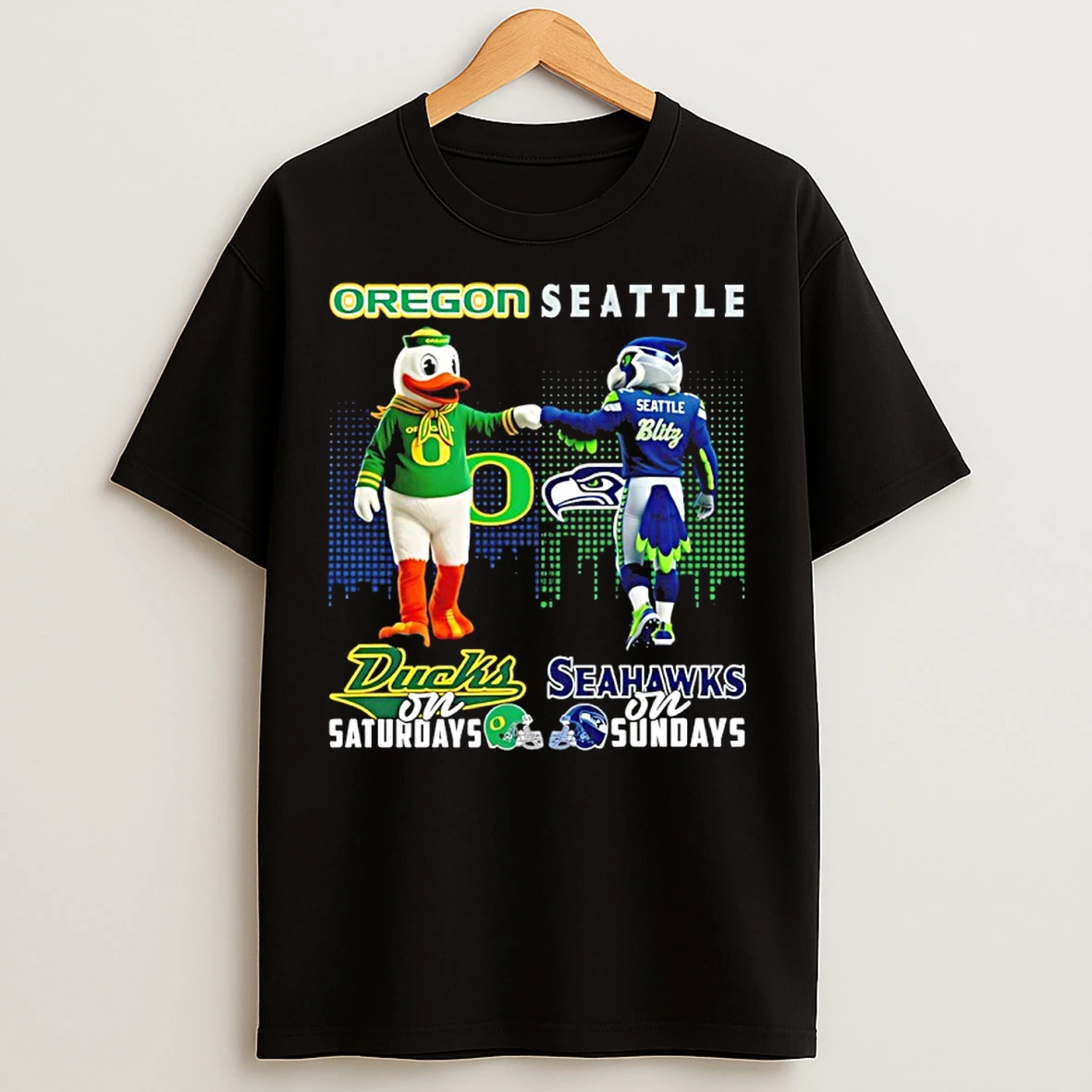 Classic Oregon Ducks On Saturdays Vs Seattle Seahawks On Sundays Mascot Skyline T Shirts