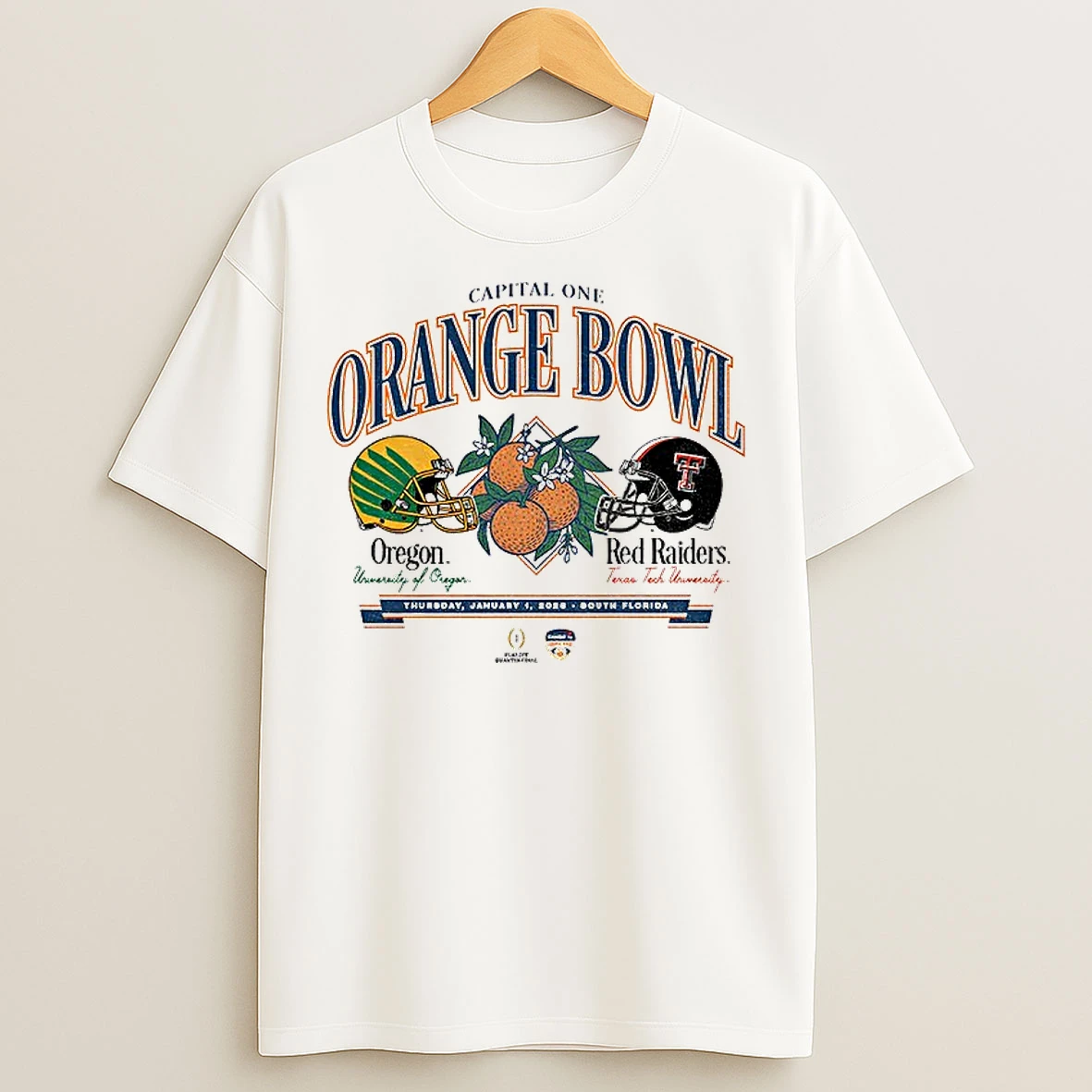 Classic Oregon Ducks Vs Texas Tech Red Raiders Football Helmet Capital One Orange Bowl 2026 T Shirts