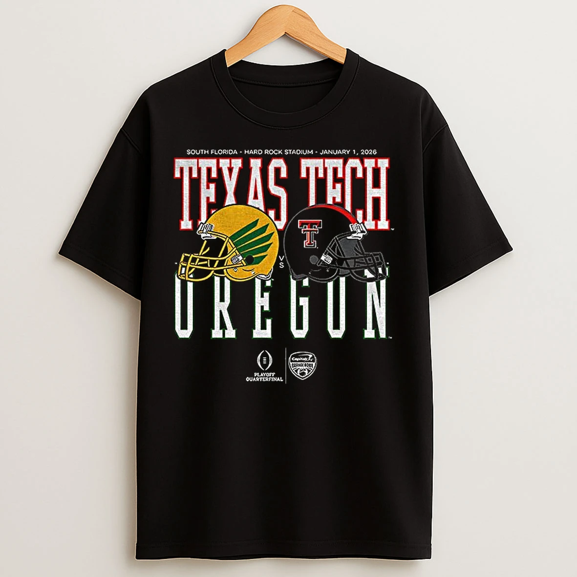 Classic Oregon Ducks Vs Texas Tech Red Raiders Helmet Matchup 2026 January 1 T Shirts