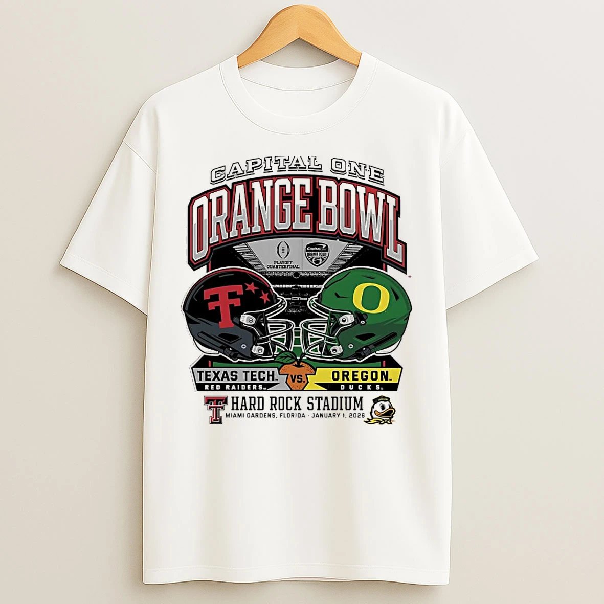 Classic Oregon Vs Texas Tech 2025 Orange Bowl Hard Rock Stadium Helmet T Shirts