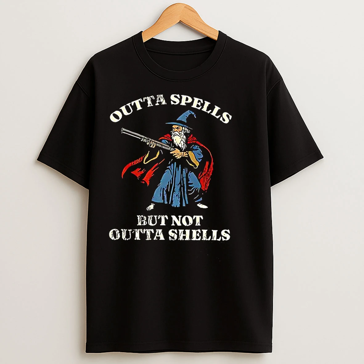 Classic Outta Spells But Not Outta Shells Wizard Holding Gun Meme T Shirts