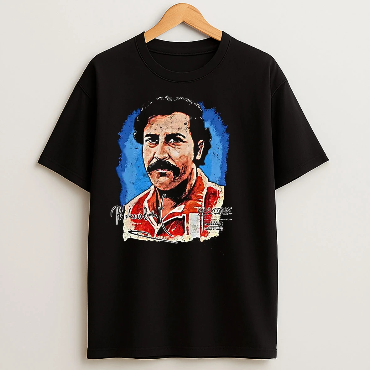 Classic Pablo Escobar Portrait Big Face Graphic Signature T Shirts