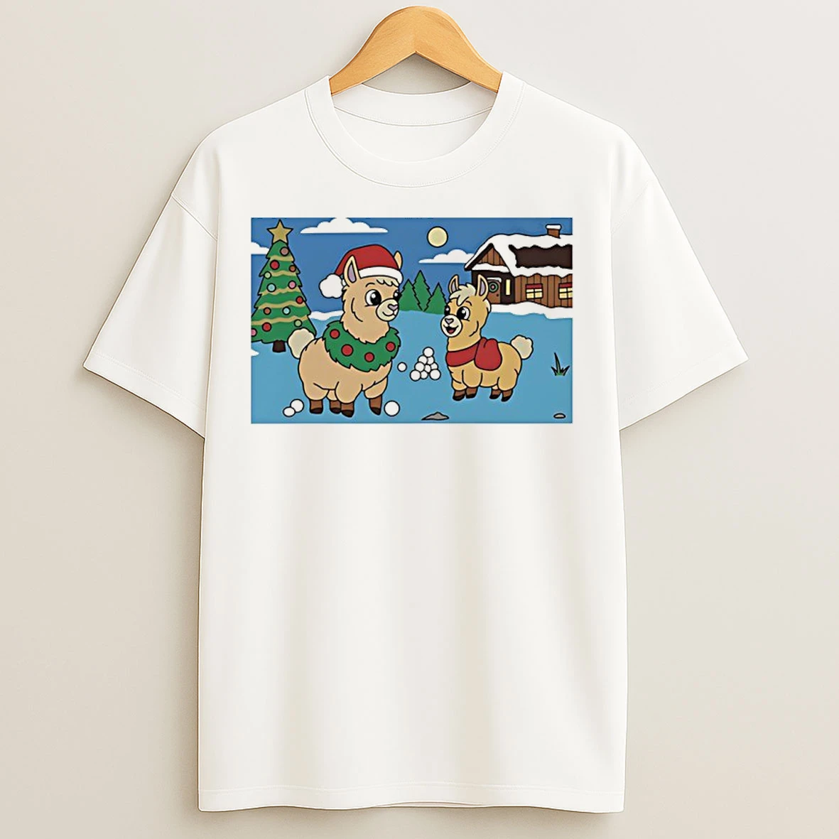 Classic Parent Llama With Child Llama Snowy Christmas Tree T Shirts