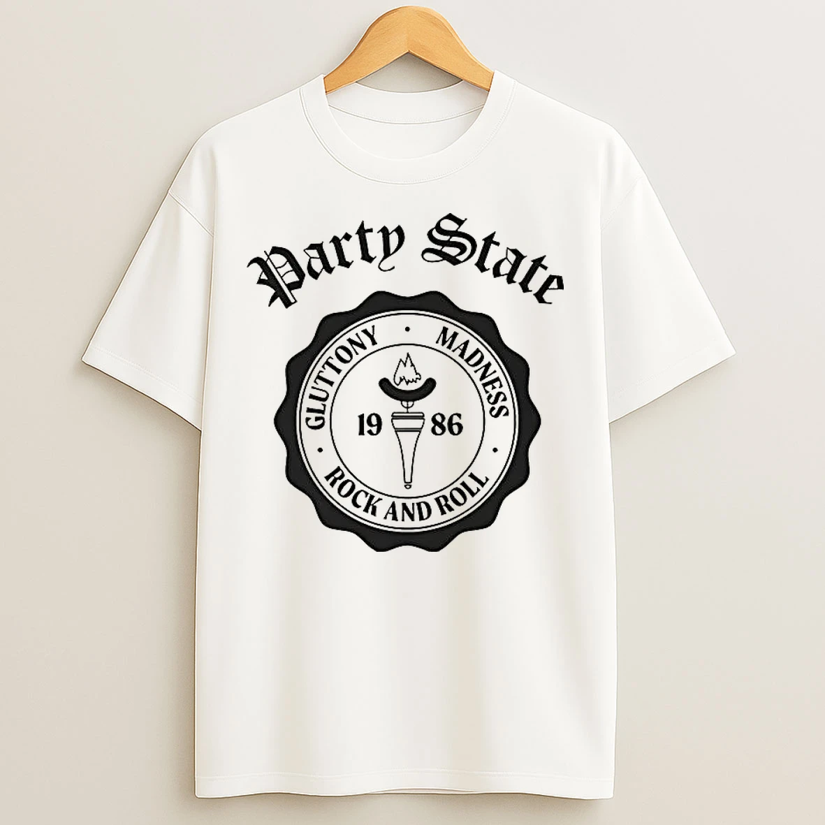 Classic Party State Gluttony Madness Rock And Roll 1986 Logo T Shirts