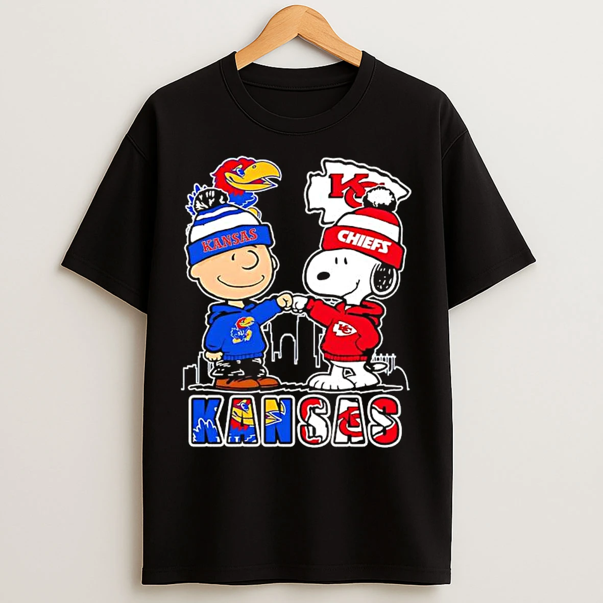 Classic Peanuts Charlie Brown And Snoopy Kansas City Chiefs And Jayhawks T Shirts