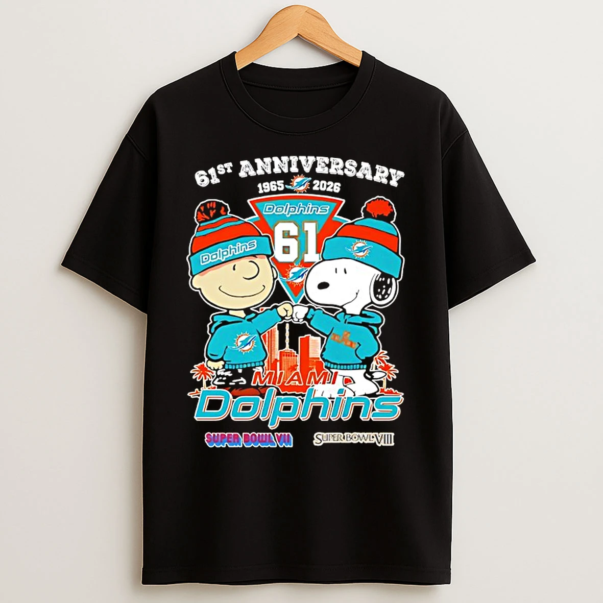 Classic Peanuts X Miami Dolphins 1965 2026 61st Anniversary 2x Super Bowl Champions T Shirts