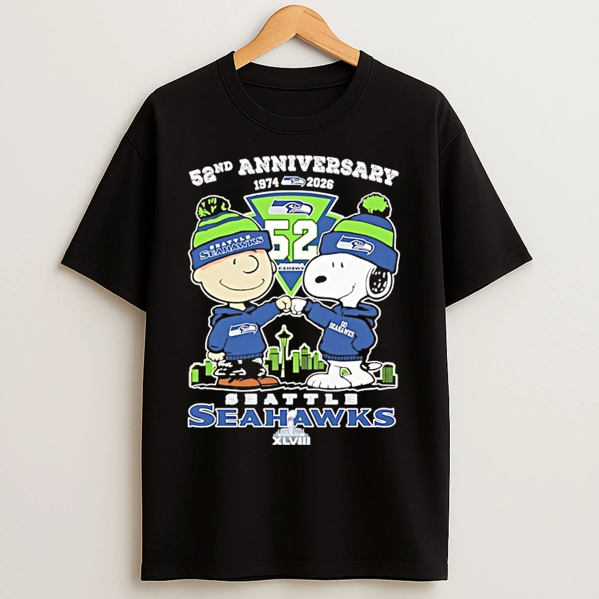 Classic Peanuts X Seattle Seahawks 1974 2026 52nd Anniversary Super Bowl Xlviii T Shirts
