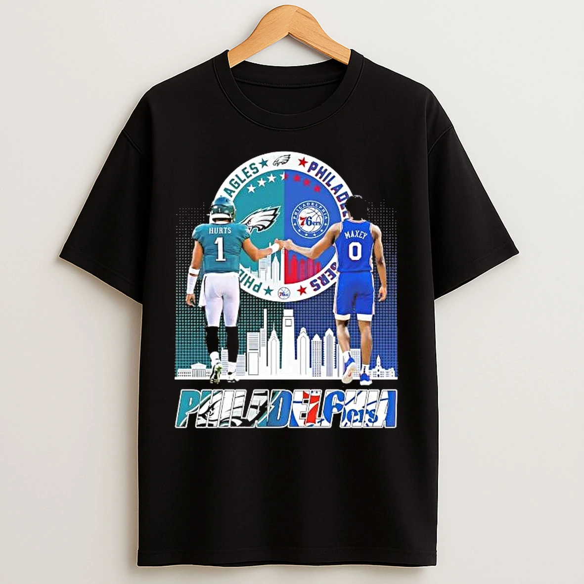 Classic Philadelphia Eagles Hurts And 76ers Maxey City Skyline T Shirts