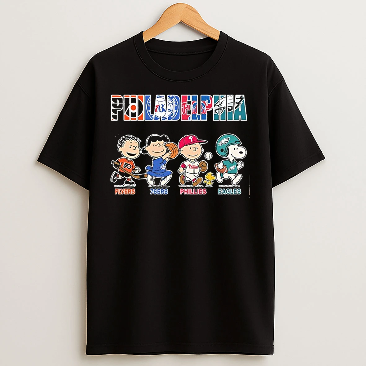 Classic Philadelphia Peanuts Flyer 76ers Phillies Eagles T Shirts