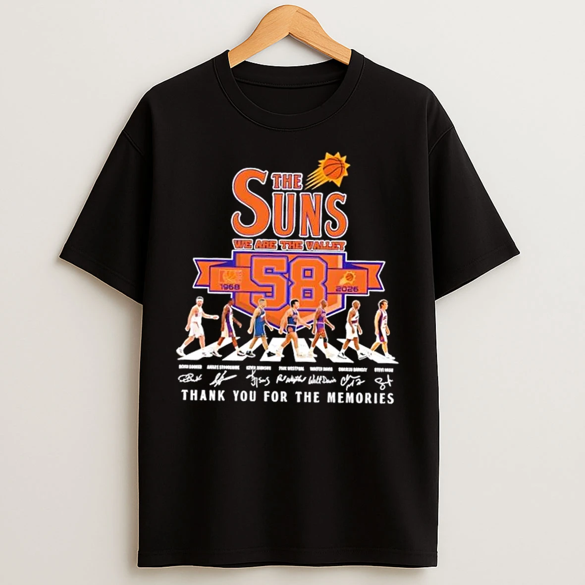 Classic Phoenix Suns We Are The Valley 58 Years 1969 2026 Devin Booker And Players Thank You For The Memories T Shirts