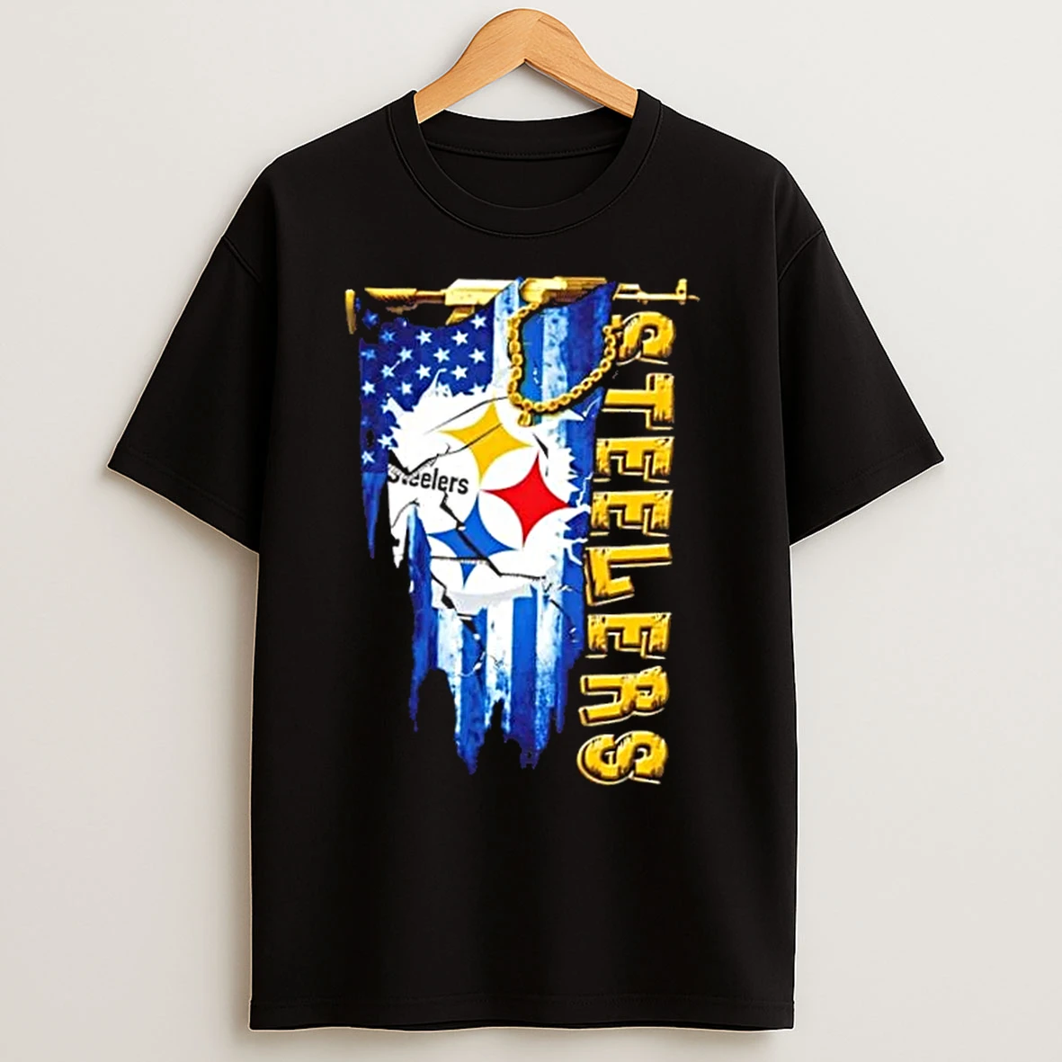 Classic Pittsburgh Steelers Football Battle Shattered Usa Flag Rip Design T Shirts
