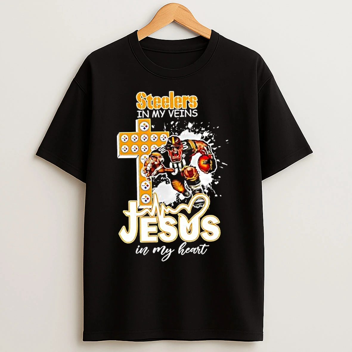 Classic Pittsburgh Steelers In My Veins Jesus In My Heart Features A Football Player Logos Cross T Shirts