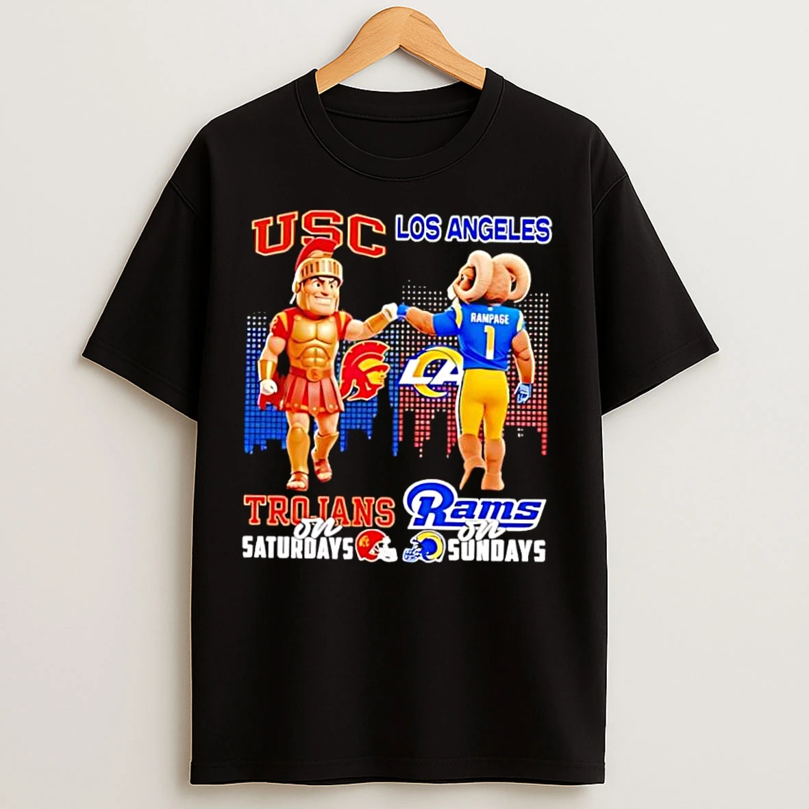 Classic Premium Usc Trojans On Saturdays Vs Los Angeles Rams On Sundays Mascot Skyline T Shirts