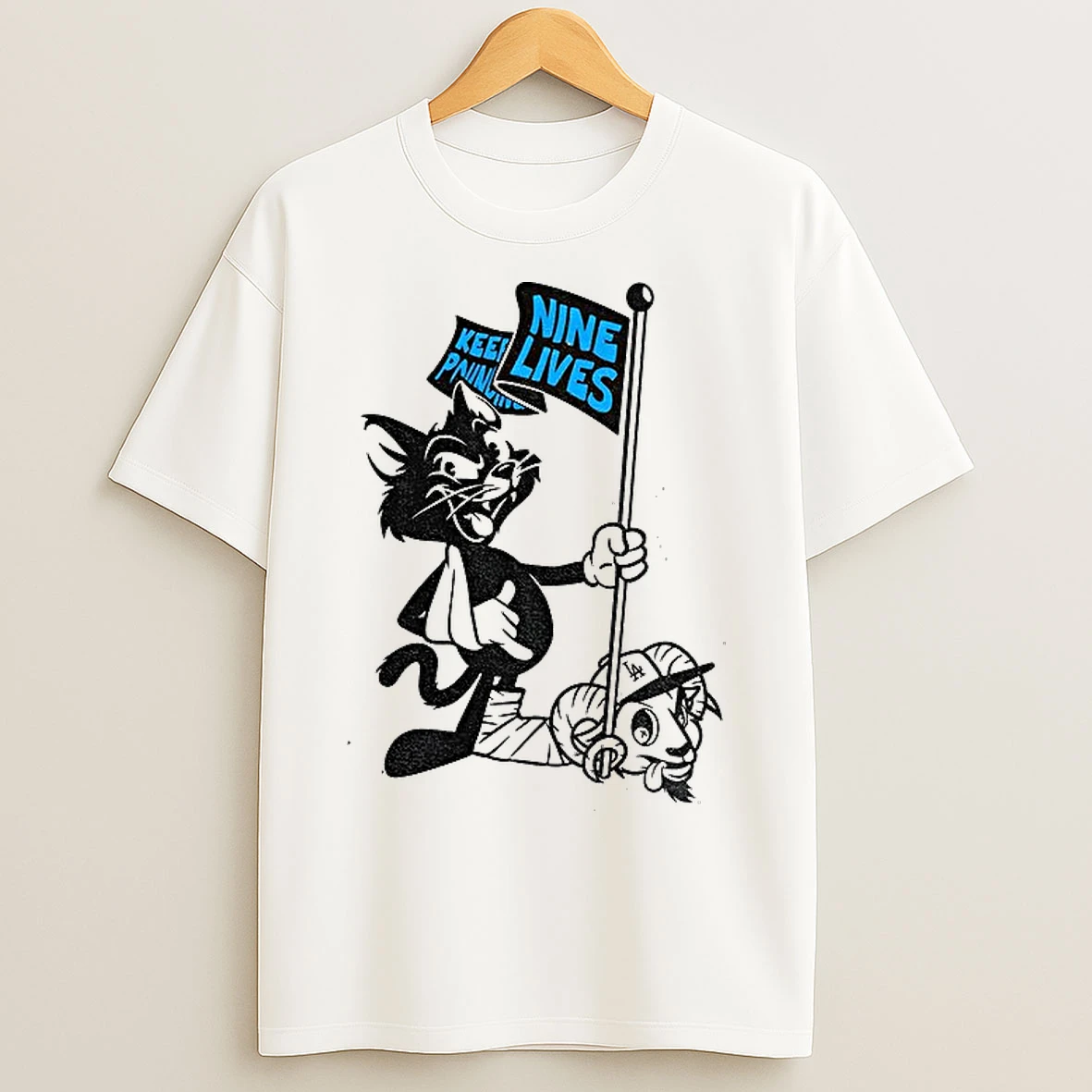 Classic Roaring Riot Carolina Panthers Nine Lives Keep Pounding Beat Los Angeles Dodgers Goat T Shirts